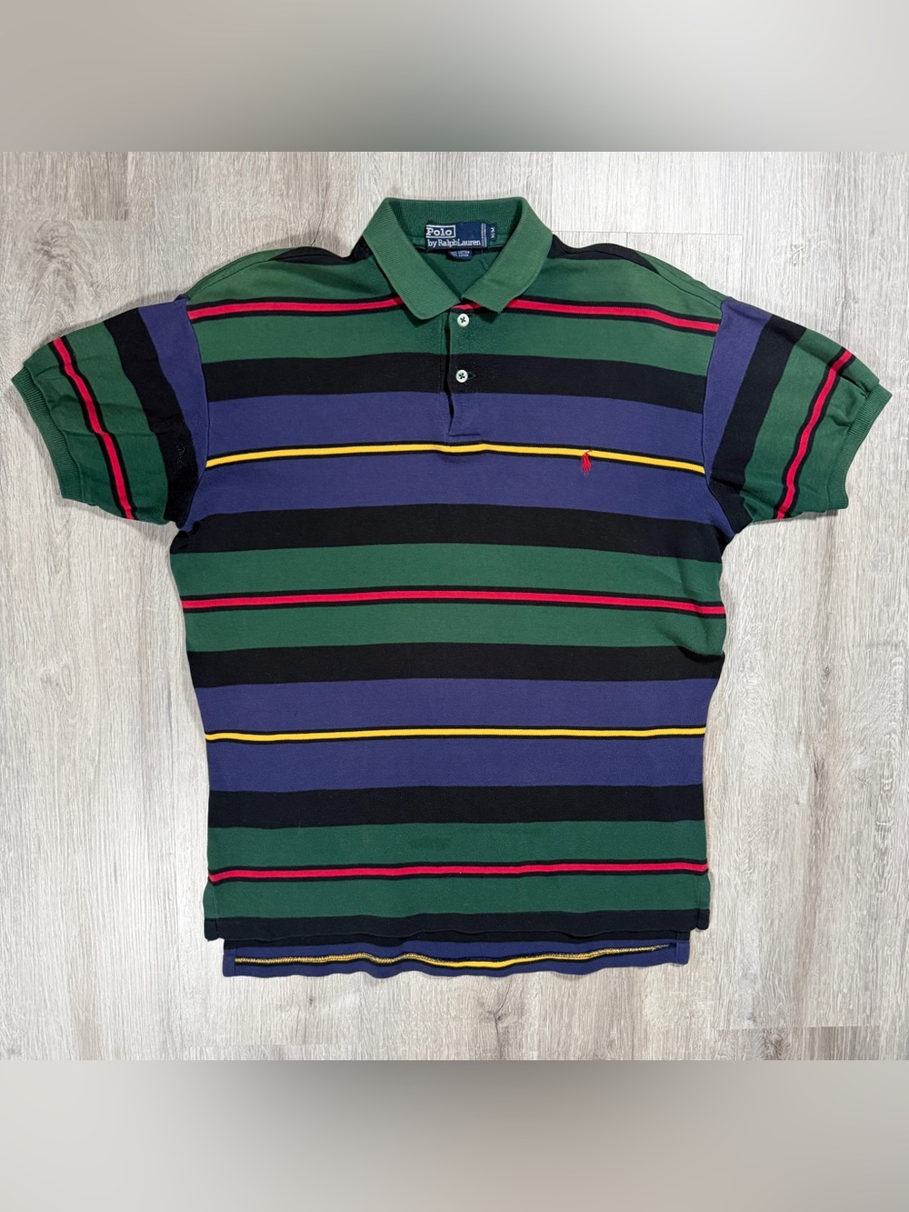 Vintage Polo Ralph Lauren Men's Green/Navy Striped Cotton Polo Shirt